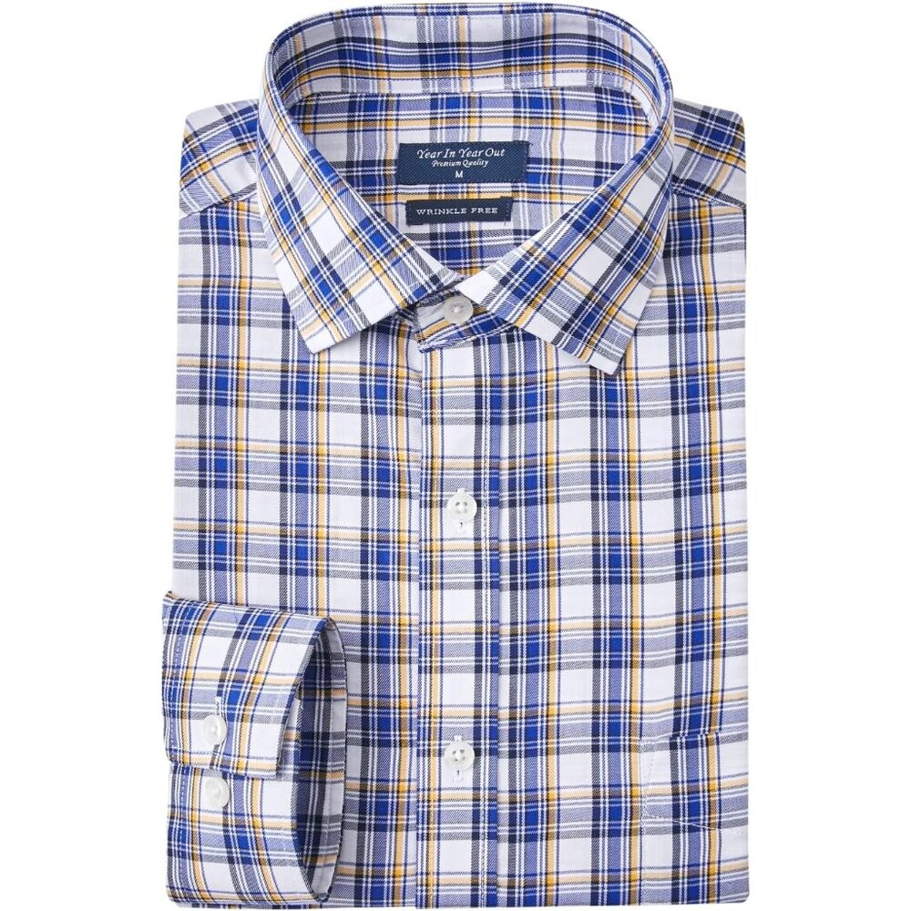 Men Wrinkle Navy White Whit Free Dress Shirt Regular Fit Long Sleeve Resistant
